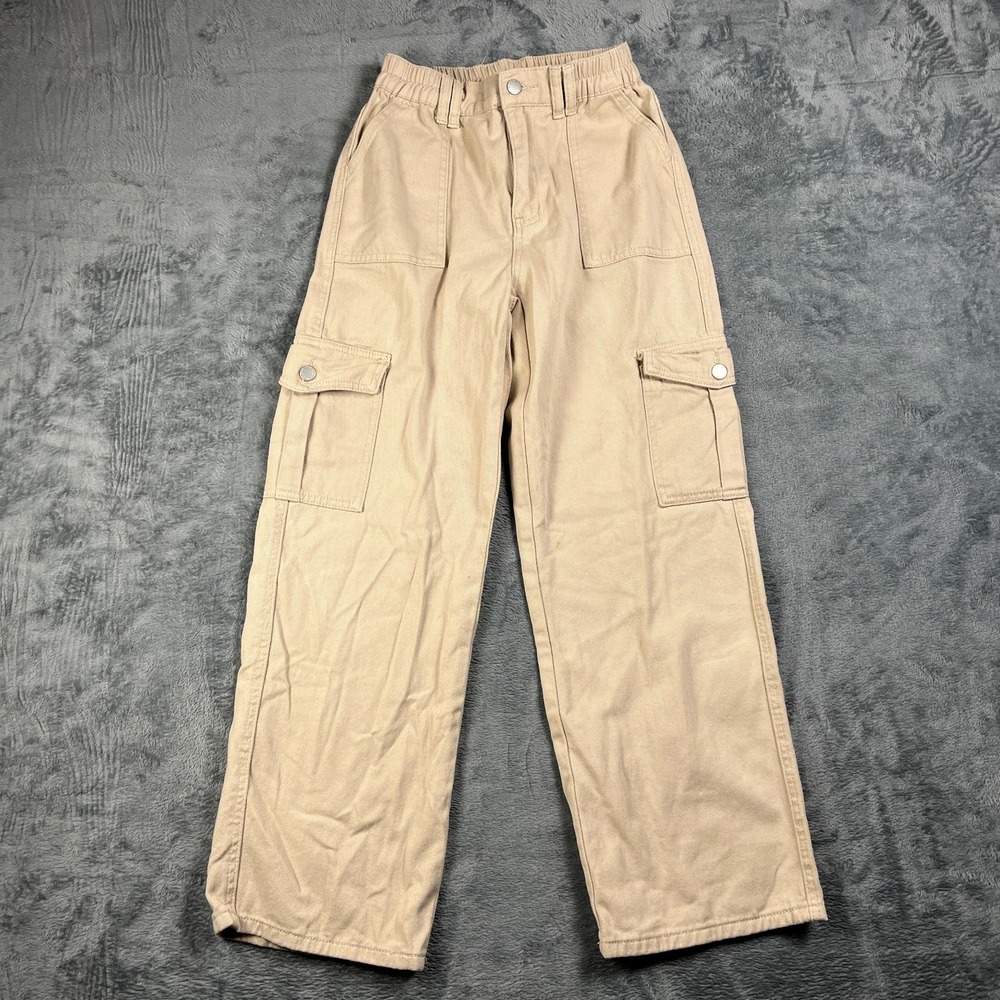 Shein Cargo Pants Womens XSP Beige Cotton Utility Pockets Wide Leg Elastic Waist